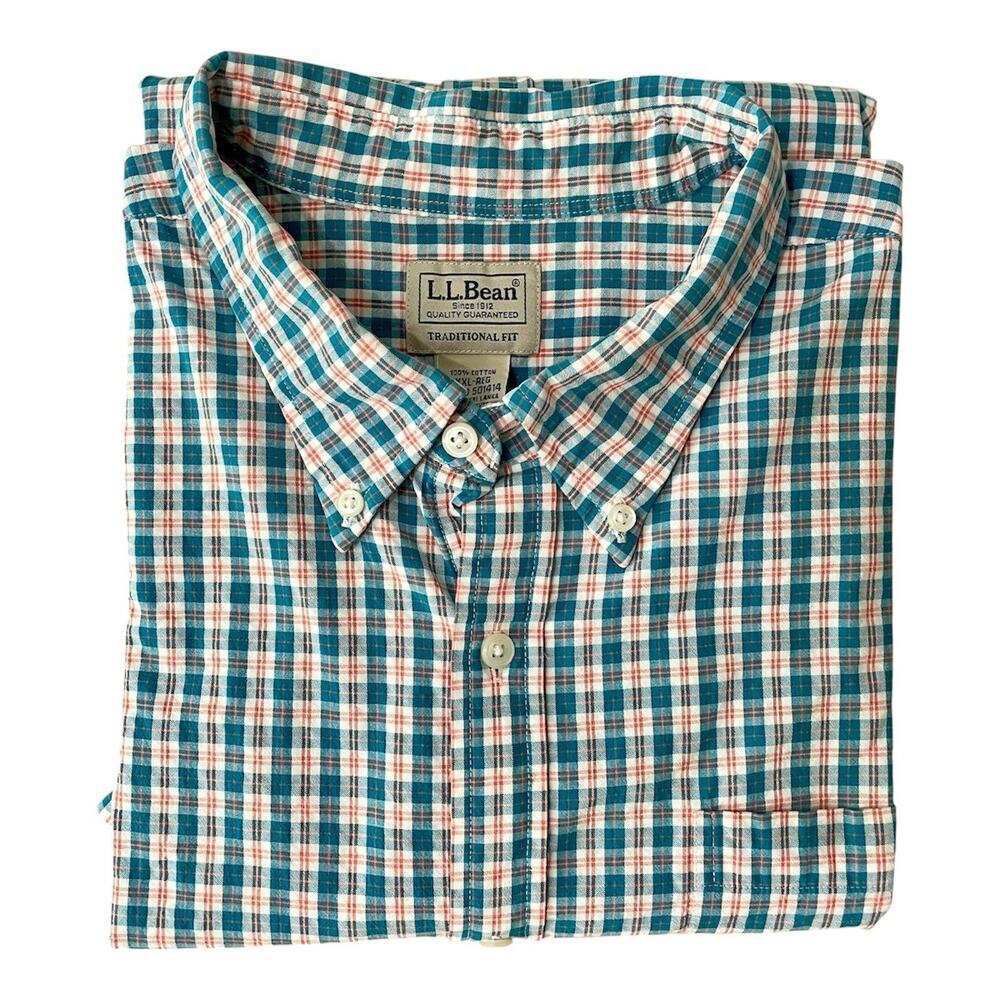 LL Bean Shirt Men XXL Red White Blue Traditional Fit Button Down Short Sleeve